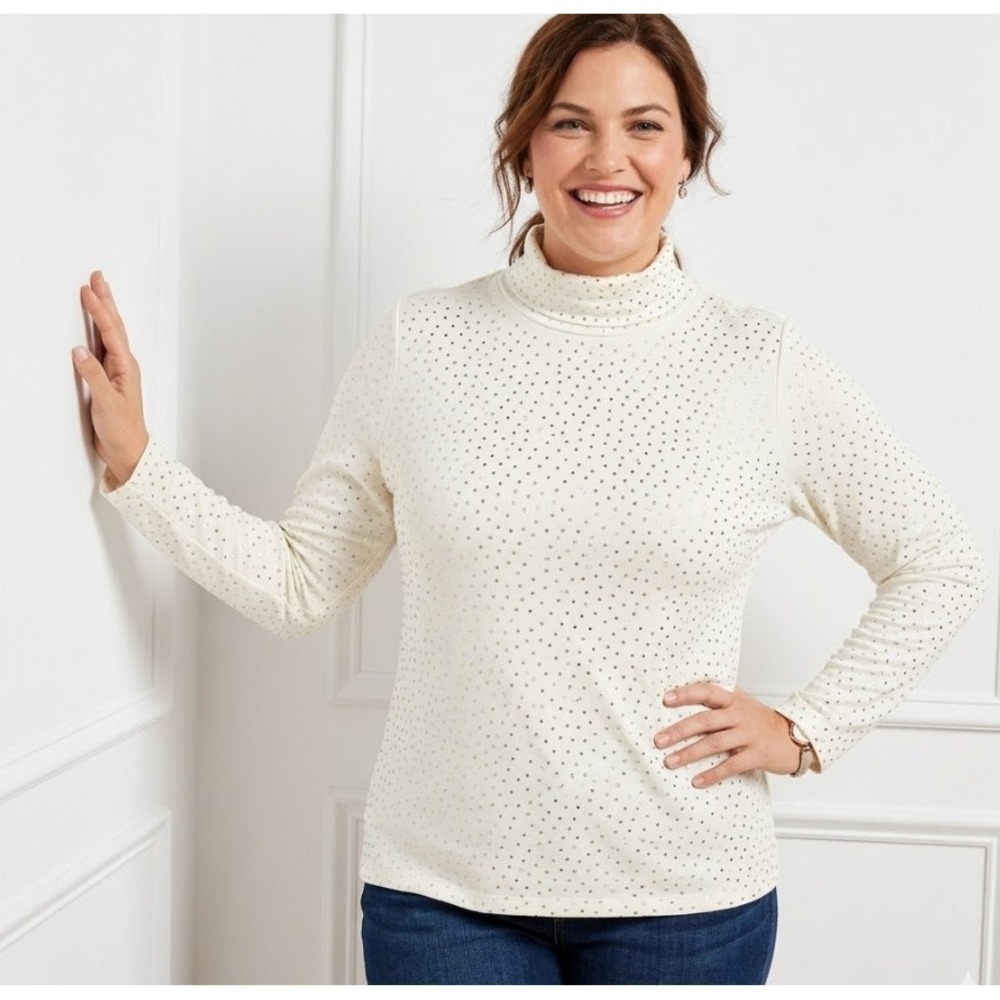 Talbots Top size 1X White Gold Polka Dot Mock Neck Stretch Knit Long Sleeve